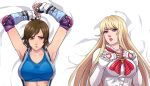  2girls armpits arms_up bangs blue_gloves blunt_bangs breasts cirenk cleavage closed_mouth commission dakimakura_(medium) elbow_gloves elbow_pads fingerless_gloves from_above gloves highres jacket kazama_asuka large_breasts lili_(tekken) lips long_hair long_sleeves looking_at_viewer lying multiple_girls neckerchief on_back parted_lips red_neckerchief short_hair tekken white_gloves white_jacket 