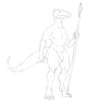  1:1 anthro balls claws flaccid foreskin full-length_portrait genitals hi_res holding_object holding_spear holding_weapon humanoid_genitalia humanoid_penis male melee_weapon monochrome mouth_closed navel nipples nude penis polearm portrait scalie simple_background sketch solo spear standing unsigned upai vein veiny_penis weapon 