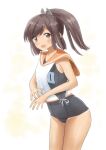  1girl brown_eyes brown_hair gradient gradient_background i-401_(kancolle) kantai_collection kitagawa_mikio looking_at_viewer one-piece_swimsuit open_mouth orange_sailor_collar ponytail sailor_collar school_swimsuit shirt short_ponytail side-tie_shirt sleeveless sleeveless_shirt solo swimsuit swimsuit_under_clothes tan tanlines yellow_background 