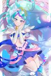  1girl absurdres blue_eyes blue_hair blue_skirt bridal_gauntlets bubble commentary cure_mermaid earrings elbow_gloves gloves go!_princess_precure high_ponytail highres jewelry kaidou_minami looking_at_viewer magical_girl midriff nani_(s2_nani) precure purple_hair shell shell_earrings shell_hair_ornament skirt smile solo white_gloves 