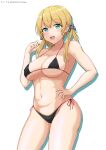  1girl :d absurdres alternate_costume anchor_hair_ornament aqua_eyes bangs bikini black_bikini blonde_hair breasts cleavage collarbone commentary_request covered_nipples dated hair_ornament hand_on_hip hand_up highres kantai_collection large_breasts long_hair menodesu. navel open_mouth prinz_eugen_(kancolle) shadow shiny shiny_skin side-tie_bikini_bottom smile solo stomach string_bikini swimsuit teeth thighs twintails twitter_username upper_teeth white_background 