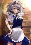  1girl absurdres apron blood blood_in_hair blood_on_arm blood_on_face blood_on_hands blood_on_weapon blurry blurry_background breasts chirihouki collarbone grey_hair highres holding holding_knife izayoi_sakuya knife large_breasts looking_at_viewer maid open_mouth red_eyes short_hair short_sleeves solo touhou waist_apron weapon white_apron 