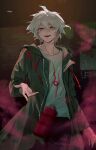  1boy :d absurdres arm_at_side bangs black_pants bottle chinese_commentary collarbone commentary_request cowboy_shot danganronpa_(series) danganronpa_2:_goodbye_despair eyes_visible_through_hair green_jacket grey_eyes grey_hair hair_between_eyes highres hood hood_down hooded_jacket indoors jacket komaeda_nagito long_sleeves looking_at_viewer male_focus messy_hair motion_blur open_mouth pants reaching_towards_viewer shirt short_hair smile smoke solo standing throwing white_shirt zhongmu 