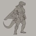  1:1 abs anthro dinosaur eyes_closed featureless_crotch full-length_portrait hand_on_hip hi_res male monochrome mouth_closed muscular muscular_anthro muscular_male nude pecs portrait reptile scalie simple_background solo standing teeth unsigned upai 