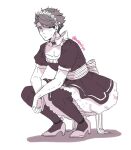  1boy alternate_costume bow choker crossdressing dress enmaided frilled_skirt frills full_body greyscale haikyuu!! high_heels looking_at_viewer maid maid_headdress male_focus meiko_(puua) monochrome oikawa_tooru_(haikyuu!!) pantyhose ribbon short_hair short_sleeves skirt solo squatting striped striped_bow striped_ribbon 