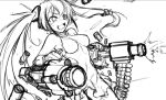  1girl @_@ blush breasts commentary_request crying crying_with_eyes_open destroyer_(girls&#039;_frontline) dress dual_wielding firing girls&#039;_frontline gloves grenade_launcher gun holding medium_breasts monochrome muzzle_flash open_mouth ryuu_tou shell_casing simple_background sketch solo tears teeth twintails weapon white_background 