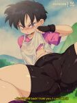  1980s_(style) 1girl ass_visible_through_thighs bike_shorts black_hair black_shorts bluethebone blush breasts cameltoe clothes_lift covered_nipples dragon_ball dragon_ball_z english_text fingerless_gloves gloves highres looking_at_viewer retro_artstyle shirt_lift short_hair shorts solo spread_legs subtitled sweat underboob very_short_hair vhs_artifacts videl wiping_face 