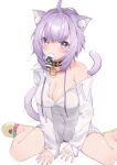  1girl :3 ahoge animal_ear_fluff animal_ears bare_legs black_collar black_panties blush breasts cat_ears cat_girl cat_tail cleavage closed_mouth cococo_moru collar collared_shirt commentary dress_shirt fang full_body hair_intakes highres hololive large_breasts light_purple_hair looking_at_viewer medium_hair mouth_hold naked_shirt nekomata_okayu no_bra no_pants off_shoulder official_alternate_costume onigirya_(nekomata_okayu) panties panty_peek partially_unbuttoned purple_eyes shirt simple_background single_bare_shoulder sitting slippers smile smug solo tail underwear virtual_youtuber wariza white_background white_shirt wing_collar yellow_footwear 