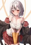  1girl bare_shoulders black_hair bound bound_wrists breasts camisole cleavage closed_mouth grey_hair hair_ornament highres hololive jacket large_breasts lookhow looking_at_viewer multicolored_hair red_eyes sakamata_chloe short_hair skirt smile spaghetti_strap streaked_hair thighhighs two-tone_hair virtual_youtuber x_hair_ornament 