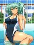  1girl ahoge aqua_hair bangs bare_arms bare_legs black_one-piece_swimsuit breasts cleavage closed_mouth collarbone competition_swimsuit covered_navel green_eyes hair_between_eyes ikkitousen large_breasts leg_up long_hair looking_at_viewer one-piece_swimsuit outdoors partially_submerged pool_ladder ryofu_housen shiny shiny_hair shiny_skin sideboob smile solo standing sunlight swimsuit twintails wet wet_hair 