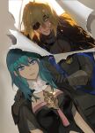  1boy 1girl backlighting blonde_hair blood blood_on_clothes blood_on_face blue_eyes byleth_(fire_emblem) byleth_(fire_emblem)_(female) dimitri_alexandre_blaiddyd embers expressionless eyepatch fire_emblem fire_emblem:_three_houses garreg_mach_monastery_uniform glowing glowing_eyes hand_on_another&#039;s_shoulder highres korean_commentary long_hair looking_at_viewer one_eye_covered pleasebemine00 short_hair 