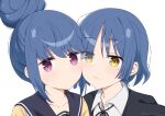  2girls bangs black_ribbon blue_hair bocchi_the_rock! cheek-to-cheek closed_mouth collared_shirt hair_bun heads_together jacket mole mole_under_eye multiple_girls neck_ribbon nekosination purple_eyes ribbon school_uniform shima_rin shirt short_hair simple_background single_hair_bun smile white_background white_shirt yamada_ryou yellow_eyes yurucamp 