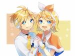  1boy 1girl :d aryuma772 bangs blonde_hair blue_eyes bow bow_hairband brother_and_sister capelet collared_shirt fur-trimmed_capelet fur_trim gloves hair_between_eyes hair_bow hairband headphones headset holding_hands interlocked_fingers kagamine_len kagamine_rin long_sleeves microphone orange_bow orange_capelet shiny shiny_hair shirt short_hair siblings smile snowflakes swept_bangs twins upper_body vocaloid white_bow white_gloves white_hairband white_shirt wing_collar 