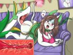  anthro asphyxiation big_breasts bodily_fluids breasts brown_hair choking coiling duke_the_serperior dukeskitty duo eyes_closed fan_character felid feline female feral fur furniture gaming gaming_while_penetrated generation_5_pokemon generation_9_pokemon green_body green_fur hair hi_res internal internal_oral internal_vaginal long_tail male male/female mammal meaowona meowscarada nintendo open_mouth oral pokemon pokemon_(species) raised_tail reptile saliva scalie serperior snake sofa speech_bubble squeezing tongue tongue_out video_games 