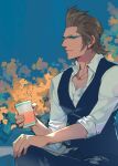  1boy artist_name black_vest brown_hair collared_shirt cup final_fantasy final_fantasy_xv glasses green_eyes hair_slicked_back hinoe_(dd_works) holding holding_cup ignis_scientia jewelry male_focus necklace open_collar shirt short_hair sideburns sitting sleeves_rolled_up smile solo upper_body vest waistcoat white_shirt 