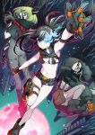  3girls armpits bikini bikini_top_only black_bikini black_capelet black_gloves black_hair black_rock_shooter black_rock_shooter:_dawn_fall black_rock_shooter_(character) black_shorts blue_eyes bodysuit breasts capelet cleavage dark-skinned_female dark_skin dead_master feet_out_of_frame floating_hair gloves green_eyes green_hair grey_bodysuit head_tilt highres holster hood hood_up long_hair looking_at_viewer looking_back multiple_girls navel noko_(rh6669) orange_eyes short_shorts shorts small_breasts strength_(black_rock_shooter) swimsuit thigh_gap thigh_holster torn_clothes very_long_hair white_hair white_shorts 