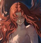  1girl breasts closed_mouth completely_nude elden_ring floating_hair highres long_hair looking_at_viewer malenia_blade_of_miquella malenia_goddess_of_rot nude red_hair scar simple_background solo upper_body userjujuju very_long_hair wings 