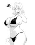  1girl azmi_yudista bangs_pinned_back bare_shoulders bikini black_bikini blush breasts cleavage cowboy_shot curvy folded_hair glasses greyscale hair_pulled_back halterneck highres huge_breasts inne_sulistya_robin long_hair monochrome navel original swimsuit underboob 