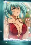  1girl aqua_hair bangs bare_arms breast_press breasts christmas_tree cleavage collarbone from_outside green_eyes hair_between_eyes ikkitousen large_breasts long_hair looking_at_viewer open_mouth red_shirt ryofu_housen shiny shiny_hair shirt sleeveless sleeveless_shirt snow snowing solo strap_slip twintails upper_body 