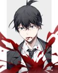  1boy anchun_(quail0503) bangs black_hair black_necktie blood blood_on_clothes blood_on_face blue_eyes border chainsaw_man collared_shirt commentary_request crossed_bangs earrings facing_viewer formal grey_background hair_between_eyes hayakawa_aki highres jewelry looking_afar lower_teeth male_focus necktie open_mouth shirt short_hair simple_background solo stud_earrings suit teeth topknot upper_body white_border white_shirt 