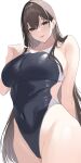  1girl absurdres aquna black_one-piece_swimsuit breasts brown_eyes brown_hair competition_swimsuit covered_navel cowboy_shot highleg highleg_swimsuit highres large_breasts long_hair looking_at_viewer one-piece_swimsuit original simple_background smile solo standing swimsuit white_background 