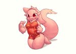  2021 4_fingers anthro asian_clothing blush bodily_fluids breasts clothing digital_media_(artwork) dragon east_asian_clothing female fingers fur furred_dragon hi_res kneeling macon_maro pink_body pink_fur red_eyes simple_background smile solo sweat white_background 