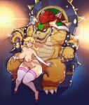  1boy 1girl armlet biceps blonde_hair blue_eyes bowser bracelet breasts collar crown elbow_gloves gloves highres horns interspecies jewelry jummy large_breasts mario_(series) mini_crown nude power_star_(mario) princess_peach pubic_tattoo red_hair reverse_upright_straddle spiked_armlet spiked_bracelet spiked_collar spiked_shell spikes tattoo thick_eyebrows thick_thighs thighhighs thighs throne watermark wide_hips 