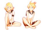  1boy 1girl ahoge aqua_eyes bangs bare_arms bare_shoulders bass_clef between_legs blonde_hair blush bon_bon_eee cosplay costume_switch crop_top full_body hair_between_eyes hairclip_removed hand_between_legs highres indian_style kagamine_len kagamine_rin knee_up looking_at_another looking_at_viewer looking_to_the_side midriff neckerchief necktie parted_lips sailor_collar shirt short_ponytail short_sleeves shorts sitting sleeveless sleeveless_shirt smile swept_bangs treble_clef vocaloid yellow_neckerchief yellow_necktie 