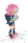  &gt;_&lt; 1other agent_3_(splatoon) agent_8_(splatoon) boots brown_eyes carrying highres ink inkling lantern_madoyoi miniskirt octoling octoling_girl pink_hair pointy_ears simple_background skirt splatoon_(series) splatoon_2 splatoon_2:_octo_expansion standing suction_cups tentacle_hair tentacles unconscious 