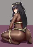  1girl ass ass_focus bangs black_eyes black_hair blunt_bangs blush bodystocking breasts commentary english_commentary fire_emblem fire_emblem_awakening grin hair_ornament highres jewelry large_breasts long_hair looking_at_viewer sitting skin_tight smile solo tharja_(fire_emblem) tiara two_side_up wariza zet_(twt_zet) 