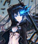  1girl absurdres arm_up bangs bikini black_bikini black_choker black_coat black_gloves black_hair black_ribbon black_rock_shooter black_rock_shooter_(character) blue_eyes blue_fire blurry blurry_foreground breasts chain choker coat death-point fire flaming_eye floating_hair front-tie_bikini_top front-tie_top gloves hair_between_eyes highres holding holding_sword holding_weapon hood hood_down hooded_coat long_hair looking_at_viewer open_clothes open_coat open_mouth ribbon scar small_breasts solo star_(symbol) star_print swimsuit sword twintails twitter_username underboob upper_body very_long_hair weapon zipper 