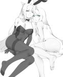  2girls \||/ ak-12_(girls&#039;_frontline) an-94_(girls&#039;_frontline) animal_ears aqua_eyes ass bangs black_bow black_bowtie black_pantyhose blunt_bangs bow bowtie breasts chinese_commentary cleavage closed_mouth covered_navel detached_collar dot_nose elbow_gloves fake_animal_ears fake_tail feet feet_out_of_frame full_body girls&#039;_frontline gloves greyscale half-closed_eyes highres large_breasts leotard long_hair looking_at_viewer medium_breasts monochrome multiple_girls nipples one_eye_closed pantyhose parted_lips pink_eyes playboy_bunny see-through simple_background strapless strapless_leotard tail thighhighs thighs toes white_background white_thighhighs wsfw 