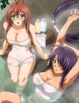  2girls :d antenna_hair arm_up armpits bangs bare_arms breasts brown_hair cleavage collarbone covered_navel from_above glasses green_eyes grey_eyes hair_between_eyes hair_over_one_eye ikkitousen kan&#039;u_unchou large_breasts long_hair looking_at_viewer looking_up low-tied_long_hair multiple_girls onsen open_mouth purple_hair rimless_eyewear ryuubi_gentoku shiny shiny_hair shiny_skin smile very_long_hair 