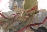  1boy 1girl blonde_hair braid clenched_teeth closed_eyes comforting crying final_fantasy final_fantasy_xiv hair_ribbon highres hug hyur korean_commentary long_hair minfilia_warde pleasebemine00 red_ribbon ribbon short_hair streaming_tears tears teeth thancred_waters white_background 