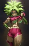  1girl abs absurdres big_hair blue_eyes breasts dragon_ball dragon_ball_super earrings elite_nappa green_hair grin hand_on_hip highres jewelry kefla_(dragon_ball) large_breasts looking_at_viewer muscular muscular_female no_bra pants potara_earrings smile solo spiked_hair super_saiyan thighs torn_clothes torn_pants 