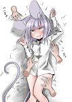  1girl absurdres animal_ears bangs blush bottomless breasts collared_shirt commentary_request feet_out_of_frame ginger_ale_(syouga_6383) grey_hair highres long_sleeves mouse_ears mouse_girl mouse_tail nazrin nose_blush open_mouth red_eyes shirt short_hair small_breasts solo_focus tail tickling touhou white_background white_shirt 
