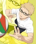  1boy black_shorts blonde_hair brown_eyes from_above glasses haikyuu!! looking_at_viewer lower_teeth male_focus official_style open_mouth shirt short_hair short_sleeves shorts solo t-shirt teeth tsukishima_kei volleyball white_shirt yamamiya_hiroshi zoom_layer 
