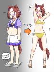  1girl ^^^ absurdres animal_ears arms_behind_head arrow_(symbol) bangs barefoot bathroom_scale belly bikini breasts brown_hair cleavage ear_bow english_text gradient gradient_background highres horse_ears horse_girl horse_tail looking_at_viewer multicolored_hair navel oishi_oiru open_mouth purple_eyes purple_shirt sailor_collar sandals school_uniform shirt short_hair skirt small_breasts smile sparkle special_week_(umamusume) speech_bubble standing swimsuit tail tracen_school_uniform turn_pale two-tone_hair umamusume weighing_scale white_skirt yellow_bikini 