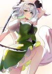  1girl absurdres ascot black_ascot black_hairband chirihouki closed_mouth frilled_skirt frills ghost green_eyes green_skirt green_vest grey_hair hairband highres holding holding_sword holding_weapon katana konpaku_youmu konpaku_youmu_(ghost) looking_at_viewer multiple_swords open_mouth puffy_short_sleeves puffy_sleeves short_hair short_sleeves simple_background skirt solo sword touhou v-shaped_eyebrows vest weapon white_background 