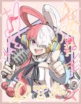  1girl :d black_ribbon headphones holding holding_microphone kankan33333 looking_at_viewer microphone multicolored_hair neck_ribbon one_eye_closed one_piece one_piece_film:_red open_mouth pointing pointing_at_viewer purple_eyes red_hair ribbon smile solo split-color_hair studio_microphone two-tone_hair uta_(one_piece) white_hair 