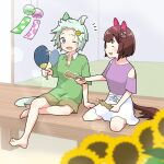  2girls ^_^ animal_ears bangs barefoot blue_eyes blurry blurry_foreground blush breasts brown_hair brown_shorts closed_eyes clothing_cutout collared_shirt ear_covers fanning_self flower green_hair green_shirt hair_ornament hairclip hand_fan highres horse_ears horse_girl horse_tail lens_flare multiple_girls nishino_flower_(umamusume) notice_lines oishi_oiru one_eye_closed papico_(ice_cream) seiun_sky_(umamusume) shirt short_hair short_sleeves shorts shoulder_cutout sideways_mouth sitting skirt small_breasts sunflower tail umamusume veranda wariza white_skirt wind_chime 