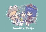  3girls badtz-maru bangs black_hair blonde_hair blue_skirt blue_vest brown_eyes brown_headwear chibi collared_shirt detached_sleeves dress green_background green_hair hasunoue_keroppi hat highres kero_kero_keroppi kochiya_sanae layered_sleeves long_sleeves marumofubiyori masakiisuzu medium_hair moriya_suwako multiple_girls open_mouth puffy_short_sleeves puffy_sleeves red_dress sanrio shirt short_over_long_sleeves short_sleeves simple_background sitting skirt sleeveless sleeveless_shirt smile socks star-shaped_pupils star_(symbol) symbol-shaped_pupils touhou translation_request vest white_shirt white_sleeves white_socks yasaka_kanako 