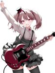  1girl alternate_costume black_thighhighs breasts brown_hair collared_shirt dress_shirt electric_guitar fang frilled_shirt frills grey_skirt guitar high-waist_skirt highres instrument kantai_collection kirigakure_(kirigakure_tantei_jimusho) magatama plectrum red_eyes ryuujou_(kancolle) shirt simple_background skin_fang skirt small_breasts smile solo standing suspender_skirt suspenders thighhighs twintails white_background white_shirt 