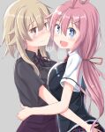  2girls ahoge bangs blonde_hair blue_eyes blush breast_press breath closed_mouth collared_shirt commentary_request douki-chan_(ikinokore!_shachiku-chan) grey_background hair_ornament hair_ribbon hairpin hand_on_another&#039;s_ass hands_on_another&#039;s_waist highres hug ikinokore!_shachiku-chan long_hair looking_at_viewer multiple_girls open_mouth pink_eyes pink_hair ribbon sakura_ouka shirt short_hair short_sleeves sidelocks simple_background sweat symmetrical_docking yuukin 