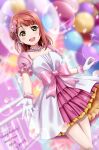  1girl :d artist_name awakening_promise_(love_live!) blurry blurry_background blush character_name collarbone dated dress earrings flower gloves hair_flower hair_ornament happy_birthday highres jewelry layered_dress lens_flare long_hair looking_at_viewer love_live! love_live!_nijigasaki_high_school_idol_club multicolored_clothes multicolored_dress necklace pink_dress pink_flower pleated_dress reaching_towards_viewer red_hair shiny shiny_hair short_dress short_sleeves smile solo sparkle uehara_ayumu white_dress white_gloves xiaoxin041590 yellow_dress yellow_eyes 