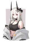  1girl arknights bare_shoulders black_choker breasts choker cleavage collarbone commentary crop_top earrings grey_hair hair_ornament highres horns infection_monitor_(arknights) jewelry large_breasts long_hair looking_at_viewer mudrock_(arknights) navel no_bra off_shoulder oripathy_lesion_(arknights) pointy_ears red_eyes sarashi sidelocks signature simple_background solo stomach straight_hair velephyr white_background 