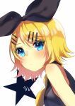  1girl aryuma772 bangs black_bow blonde_hair blue_eyes bow from_side grey_shirt hair_between_eyes hair_bow hair_ornament hairclip highres kagamine_rin shiny shiny_hair shirt short_hair simple_background sleeveless sleeveless_shirt solo swept_bangs upper_body vocaloid white_background 