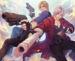  2boys back-to-back bangs belt belt_buckle black_belt black_gloves black_pants black_shirt blonde_hair blue_shirt boots buckle collarbone crossover dante_(devil_may_cry) dbox_2525 devil_may_cry_(series) dual_wielding facial_hair feet_out_of_frame fingerless_gloves gloves grey_hair gun handgun highres holding holding_gun holding_weapon jacket leon_s._kennedy long_jacket long_sleeves looking_at_viewer male_focus multiple_boys pants parted_bangs red_jacket resident_evil shirt short_hair stubble thigh_strap toned toned_male weapon 