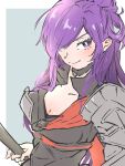  1girl armor asymmetrical_clothes bangs blush breasts cape choker cleavage closed_mouth coral_3535 fire_emblem fire_emblem:_three_houses fire_emblem_warriors:_three_hopes gloves hair_bun hair_over_one_eye highres large_breasts long_hair looking_at_viewer purple_eyes purple_hair shez_(fire_emblem) shez_(fire_emblem)_(female) simple_background single_hair_bun smile solo 