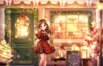  1girl antenna_hair blurry blush bokeh box brown_hair christmas_ornaments christmas_tree depth_of_field detached_collar dress feet_out_of_frame gift gift_box idolmaster idolmaster_cinderella_girls idolmaster_cinderella_girls_starlight_stage looking_at_viewer neck_ribbon outdoors petticoat red_dress ribbon smile solo star_(symbol) thigh_strap tsujino_akari waving wavy_hair 